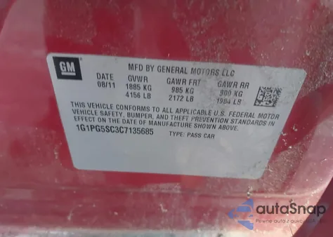 2012 Chevrolet Cruze 2Lt из США, поврежденный, VIN 1G1PG5SC3C7135685